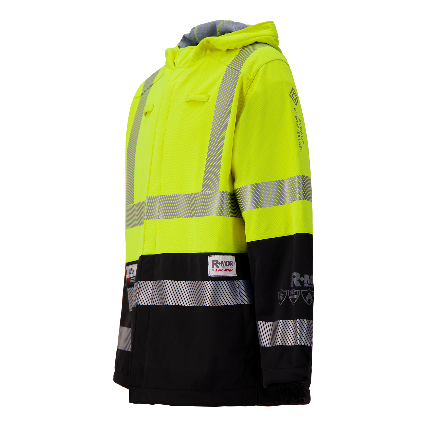 The Lac-Mac, Limited Colour Block High-Vis Yellow/Black Jacket (707JX-AA), made with PYRAD® WINDSTOPPER® by GORE-TEX Labs, features reflective stripes, a hood, and branded patches on the front and sleeves, shown on a plain background.
