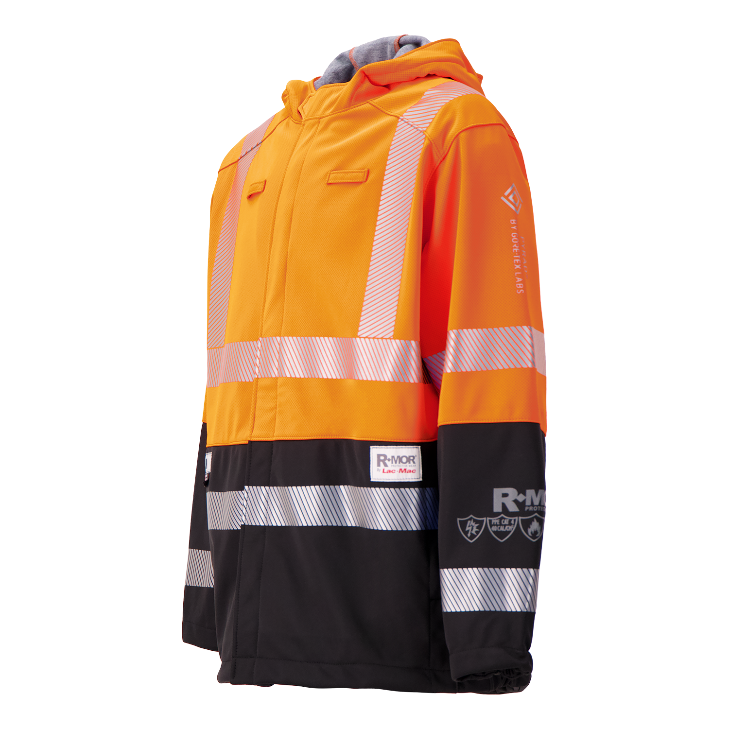 The Lac-Mac Colour Block High-Vis Orange/Black Jacket (707JX-AA) features PYRAD® WINDSTOPPER® by GORE-TEX Labs, reflective stripes, flame-resistant fabric, hood, and multiple logos on chest, sleeve, and hem against a white background.