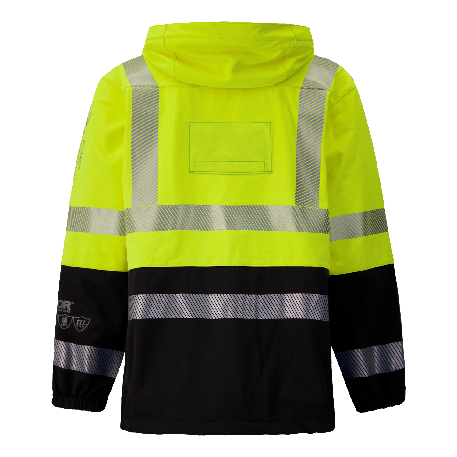 The Lac-Mac Colour Block High-Vis Yellow Jacket (707JX-AC), made with PYRAD® WINDSTOPPER® by GORE-TEX Labs, features reflective stripes, hood, and elastic cuffs for flame-resistant, protective wear.