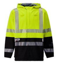 The Lac-Mac Colour Block High-Vis Yellow Jacket (707JX-AC), made with PYRAD® WINDSTOPPER® by GORE-TEX Labs, features black accents and reflective stripes for protective wear in work and safety environments.