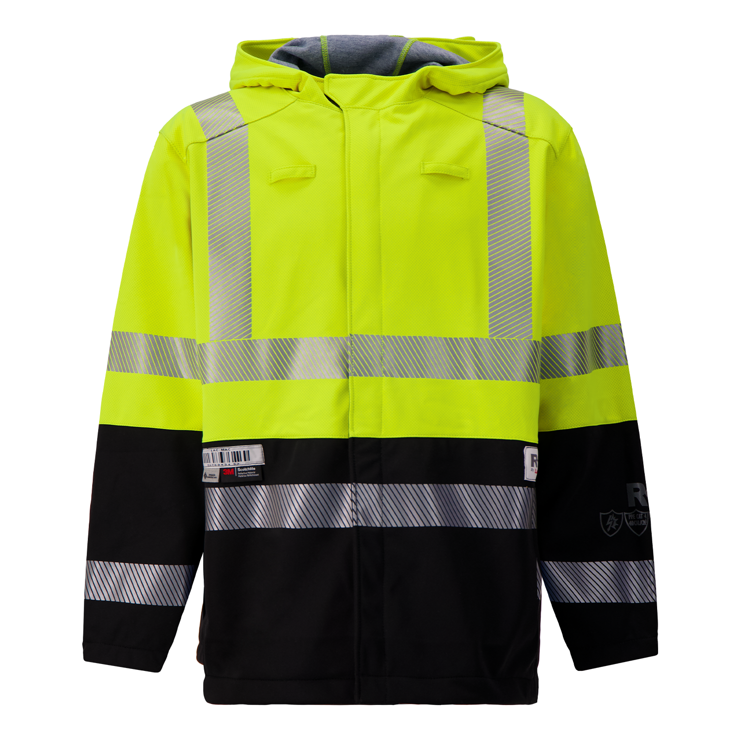 The Lac-Mac Colour Block High-Vis Yellow Jacket (707JX-AC), made with PYRAD® WINDSTOPPER® by GORE-TEX Labs, features black accents and reflective stripes for protective wear in work and safety environments.