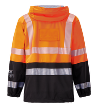 The Lac-Mac Colour Block High-Vis Orange/Black Jacket, made with PYRAD® WINDSTOPPER® by GORE-TEX Labs (07JX-AC), features reflective silver stripes, a hood, elastic cuffs, and a rectangular patch on the upper back.