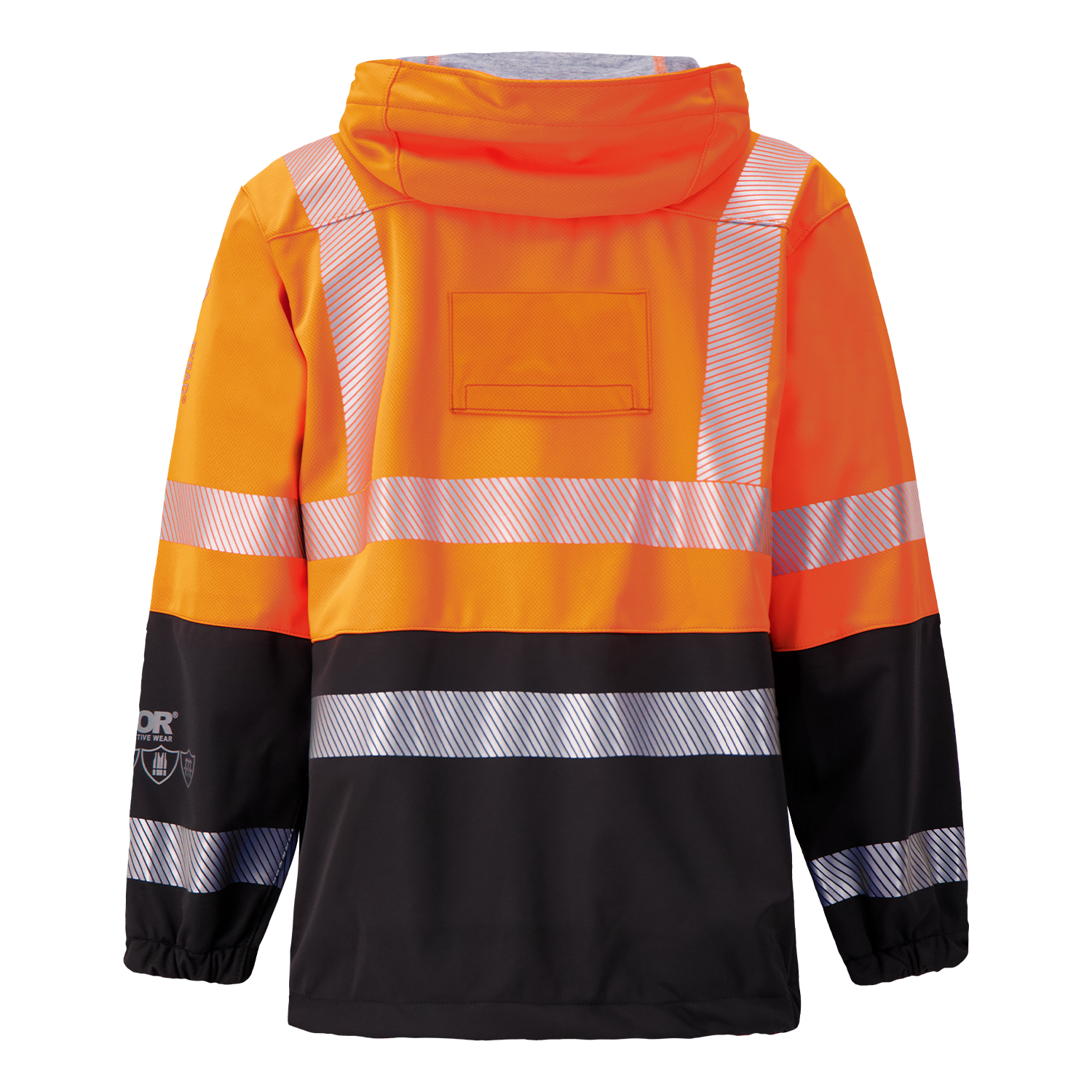 The Lac-Mac Colour Block High-Vis Orange/Black Jacket, made with PYRAD® WINDSTOPPER® by GORE-TEX Labs (07JX-AC), features reflective silver stripes, a hood, elastic cuffs, and a rectangular patch on the upper back.