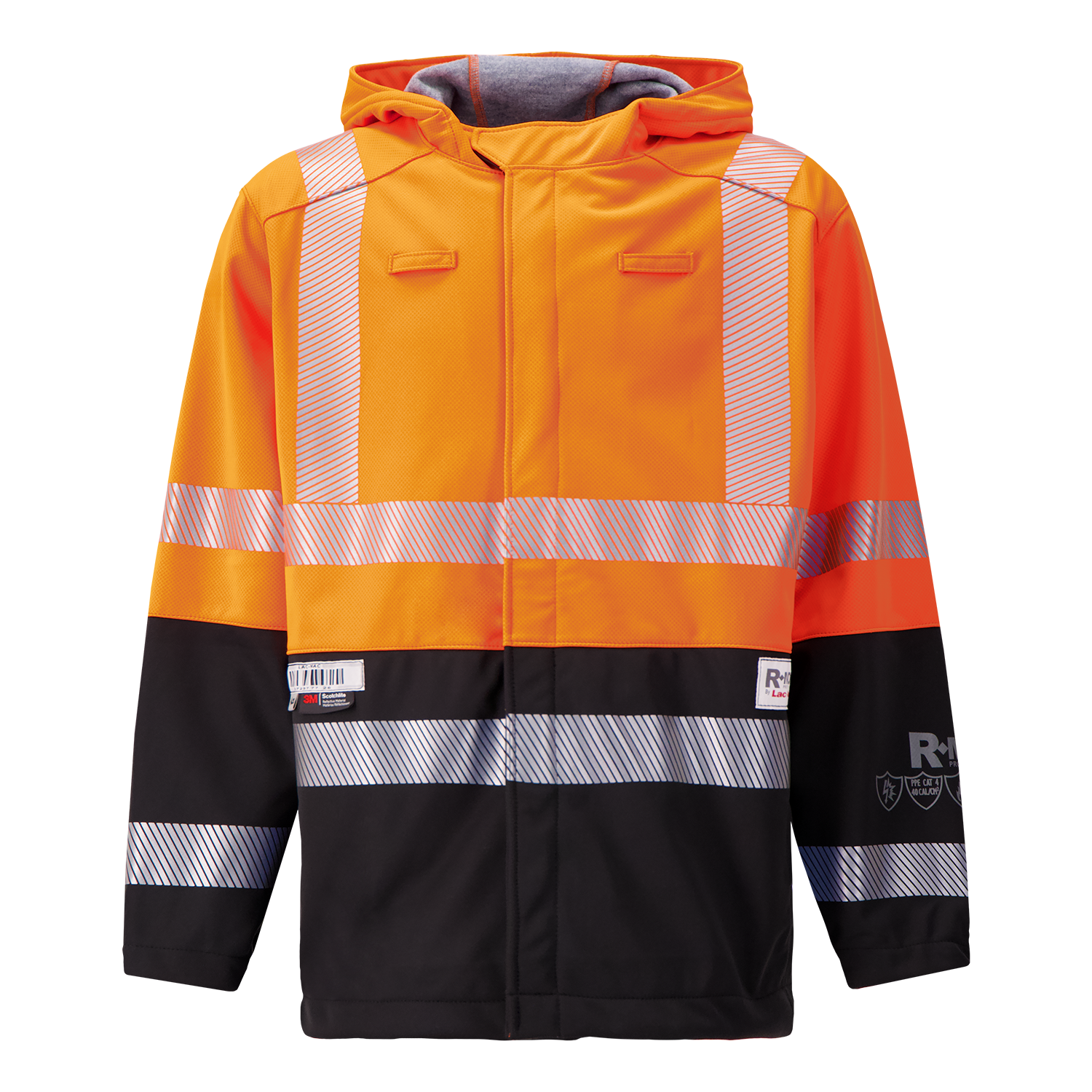 The Lac-Mac Colour Block High-Vis Orange/Black Jacket (07JX-AC), made with PYRAD® WINDSTOPPER® by GORE-TEX Labs, features reflective silver stripes, front zipper, hood, and long sleeves for safety in work environments.