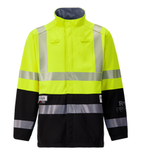 The Lac-Mac, Limited Colour Block High-Vis Yellow/Black Jacket, made with PYRAD® WINDSTOPPER® by GORE-TEX Labs (707JX-AD), features reflective silver stripes and is shown on a plain white background.