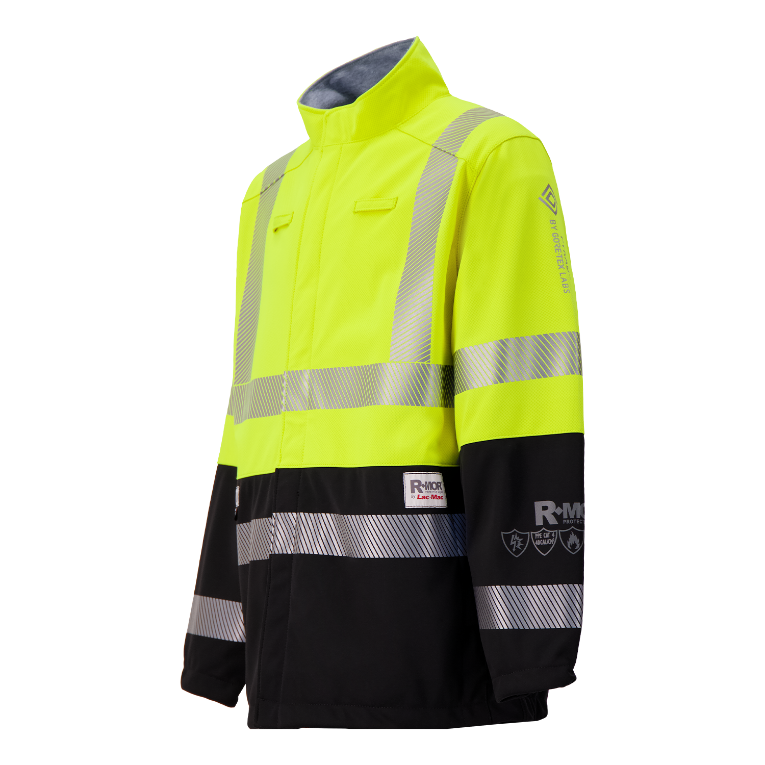 The Lac-Mac Colour Block High-Vis Yellow/Black Jacket (707JX-AD) features PYRAD® WINDSTOPPER® by GORE-TEX Labs, reflective stripes, stand-up collar, and multiple patches, shown on a plain background.