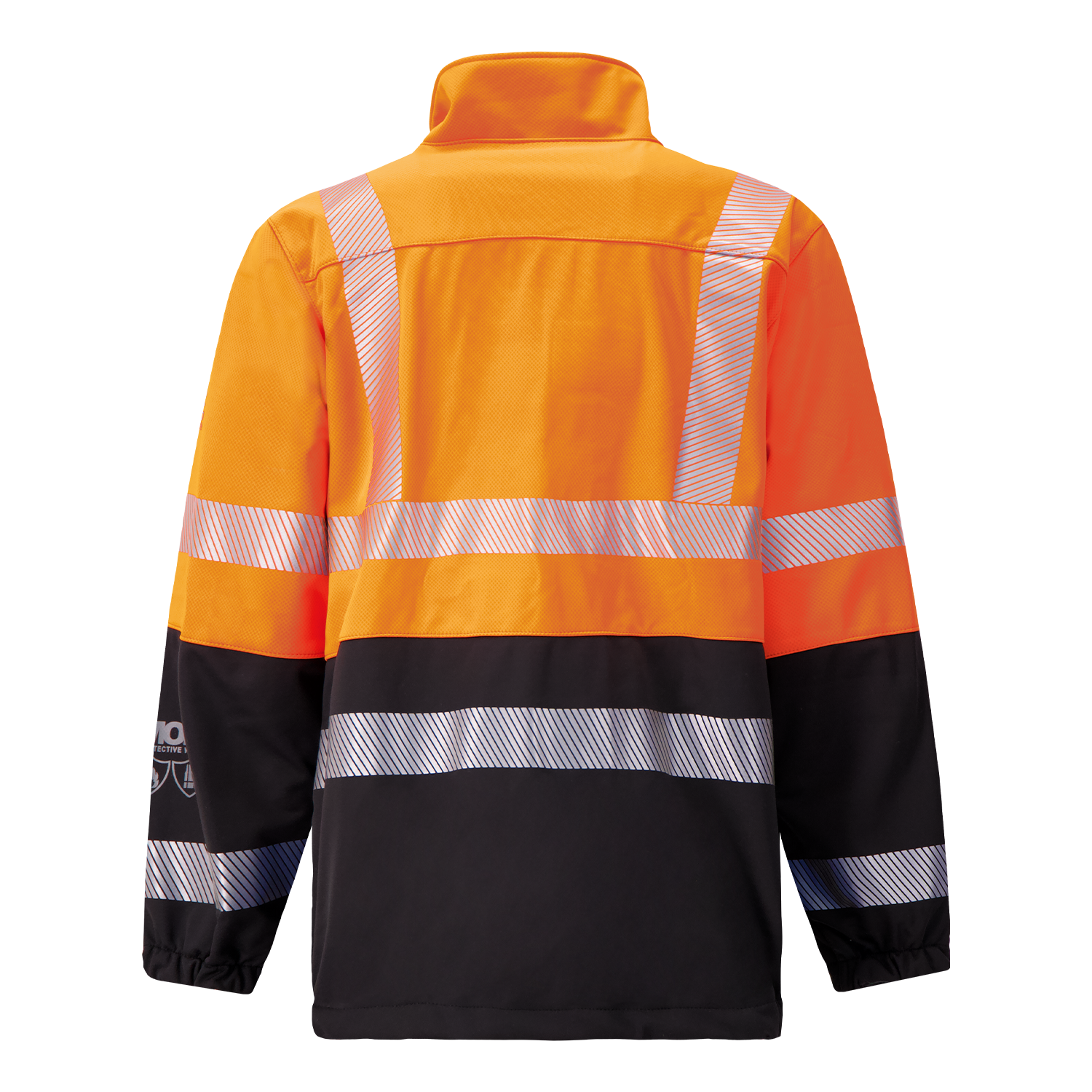 The Lac-Mac Colour Block High-Vis Orange/Black Jacket (707JX-AD) features PYRAD® WINDSTOPPER by GORE-TEX Labs for weather resistance and visibility, with reflective silver stripes and a bold orange and black design, shown from the back.