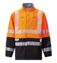 The Lac-Mac Colour Block High-Vis Orange/Black Jacket 707JX-AD, made with PYRAD® WINDSTOPPER by GORE-TEX Labs, features reflective stripes, a stand-up collar, flame resistance, and is shown on a plain background.