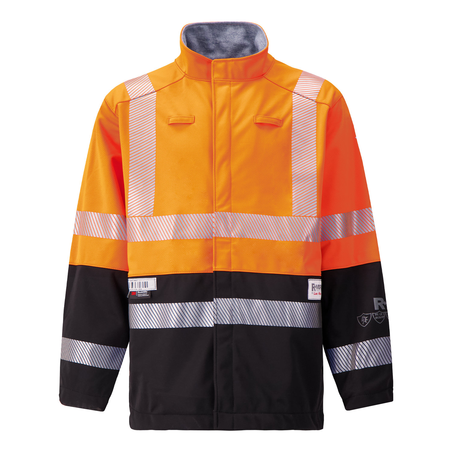 The Lac-Mac Colour Block High-Vis Orange/Black Jacket 707JX-AD, made with PYRAD® WINDSTOPPER by GORE-TEX Labs, features reflective stripes, a stand-up collar, flame resistance, and is shown on a plain background.