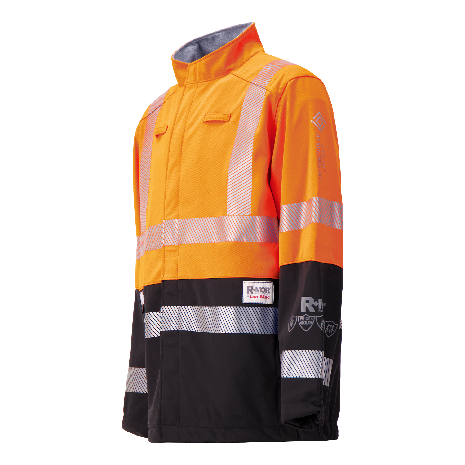 The Lac-Mac Colour Block High-Vis Orange/Black Jacket (707JX-AD), made with PYRAD® WINDSTOPPER by GORE-TEX Labs, features reflective stripes, logos, and front pockets, shown against a plain white background.