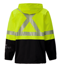The Lac-Mac 707JX Colour Block High-Vis Yellow/Black Jacket, made with PYRAD® WINDSTOPPER® by GORE-TEX Labs, features CSA Z96 compliance, X & horizontal silver stripes, a hood, and is shown from the back.