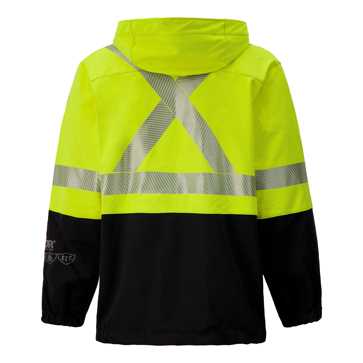 The Lac-Mac 707JX Colour Block High-Vis Yellow/Black Jacket, made with PYRAD® WINDSTOPPER® by GORE-TEX Labs, features CSA Z96 compliance, X & horizontal silver stripes, a hood, and is shown from the back.