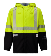 The Lac-Mac Colour Block High-Vis Yellow/Black Jacket, 707JX, made with PYRAD® WINDSTOPPER® by GORE-TEX Labs, features flame resistance, reflective stripes, a hood, sleeve and front patches; CSA Z96 compliant for workplace safety.