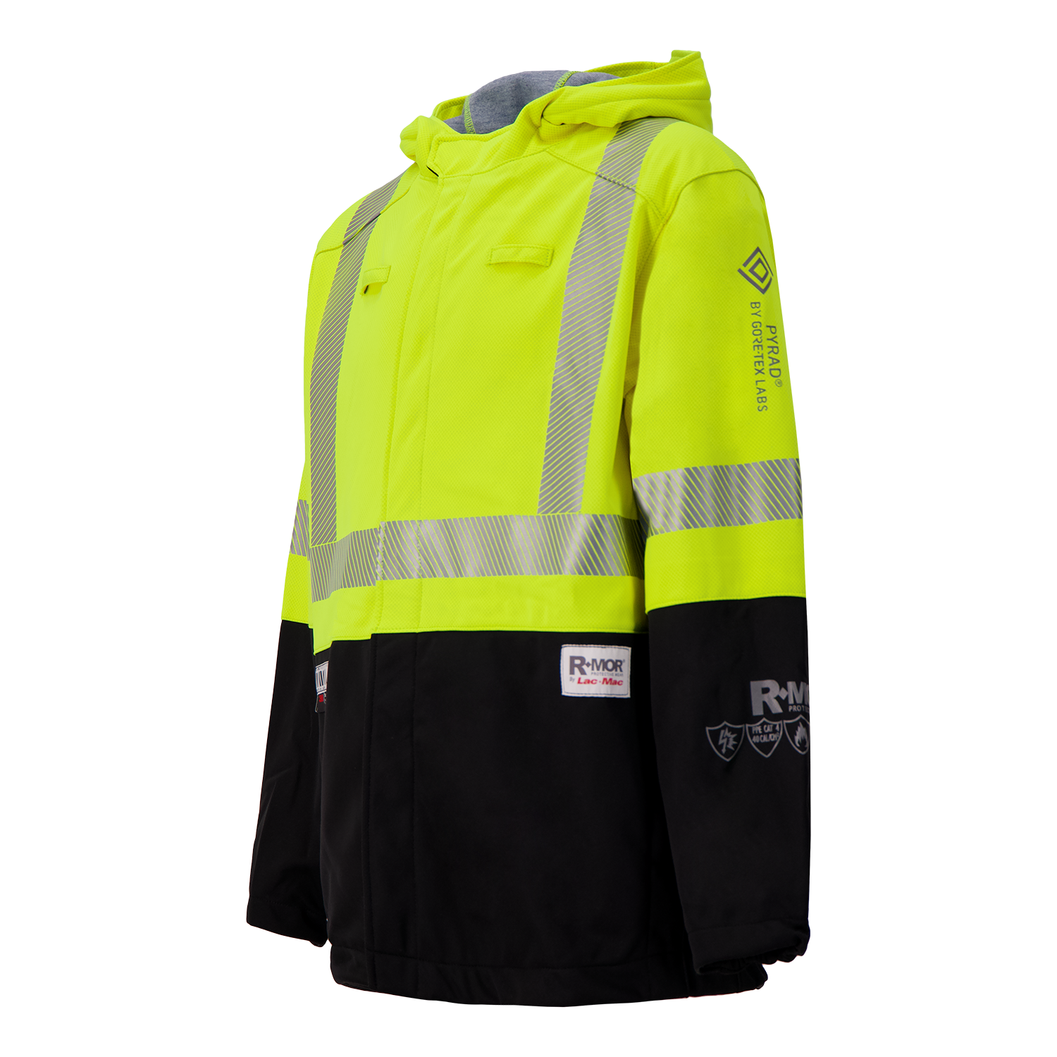 The Lac-Mac Colour Block High-Vis Yellow/Black Jacket (707JX), made with PYRAD® WINDSTOPPER® by GORE-TEX Labs, features reflective stripes, hood, and labeled patches. CSA Z96 compliant. Displayed on a plain white background.
