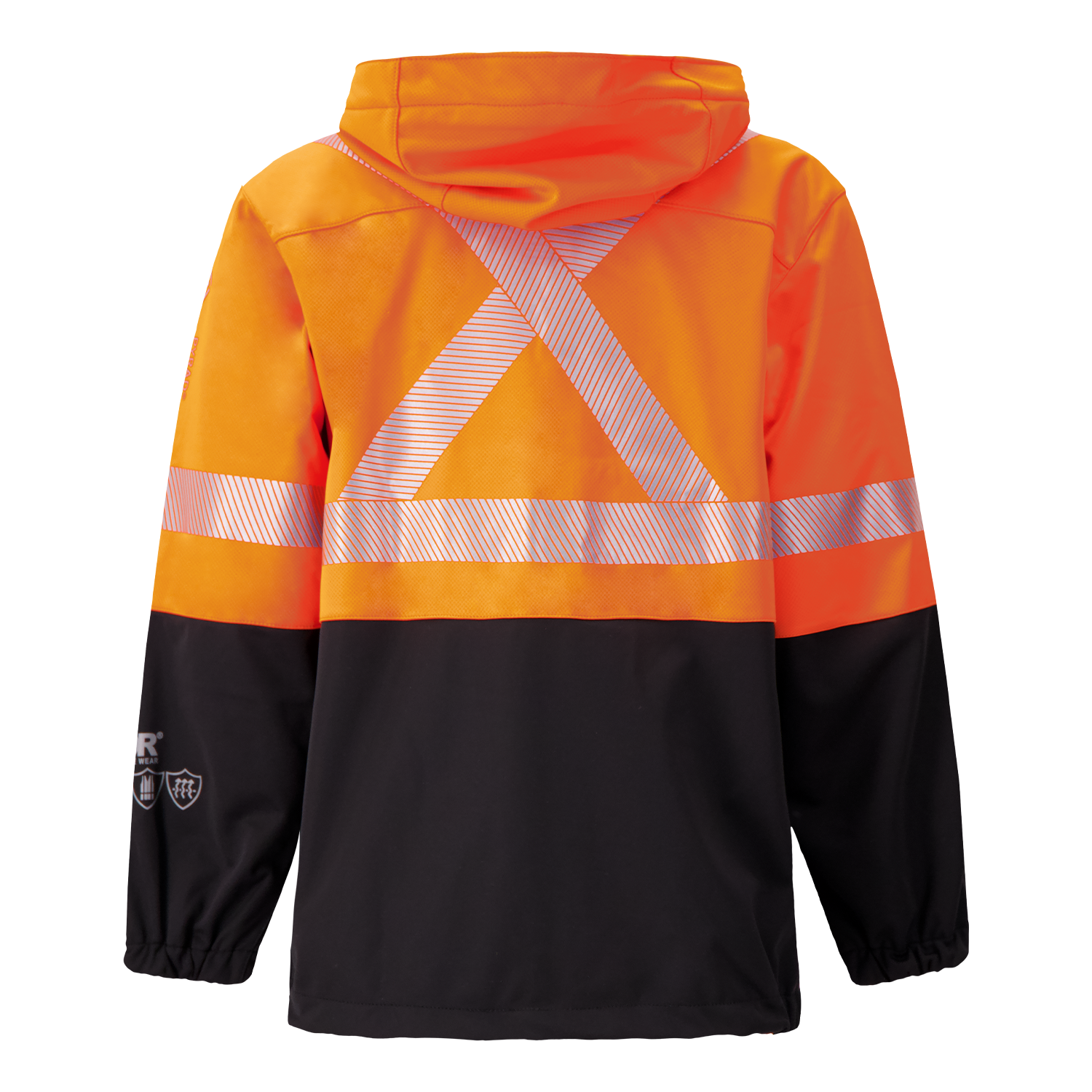 The Lac-Mac Colour Block High-Vis Orange/Black Jacket (707JX) features PYRAD® WINDSTOPPER® by GORE-TEX Labs, an orange upper, black lower, "X" reflective stripes on the back, and elastic cuffs.