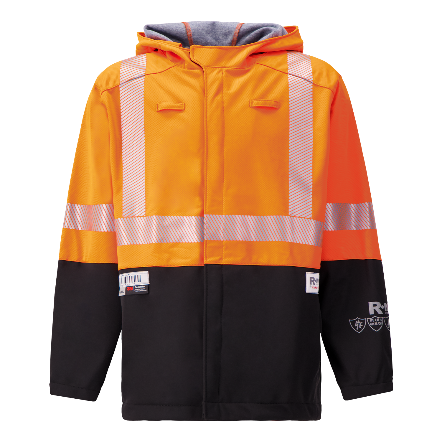 The Lac-Mac Women's Colour Block High-Vis Orange/Black Jacket 707JXW features PYRAD® WINDSTOPPER® by GORE-TEX Labs, reflective stripes, a hood, and certified safety patches for superior protection and visibility.