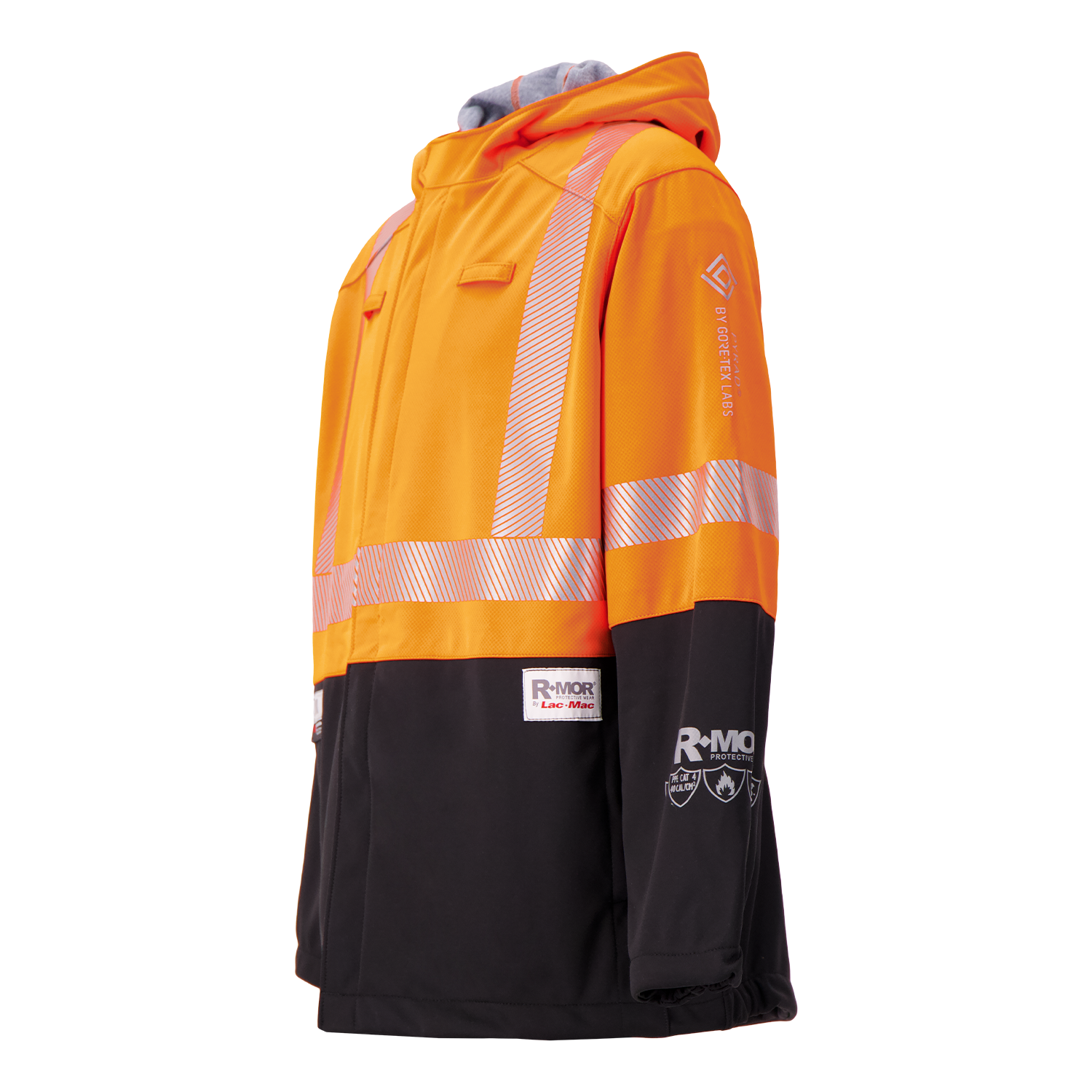 The Lac-Mac Women's Colour Block High-Vis Orange/Black Jacket, style 707JXW, features PYRAD® WINDSTOPPER® by GORE-TEX Labs and is shown on a white background.