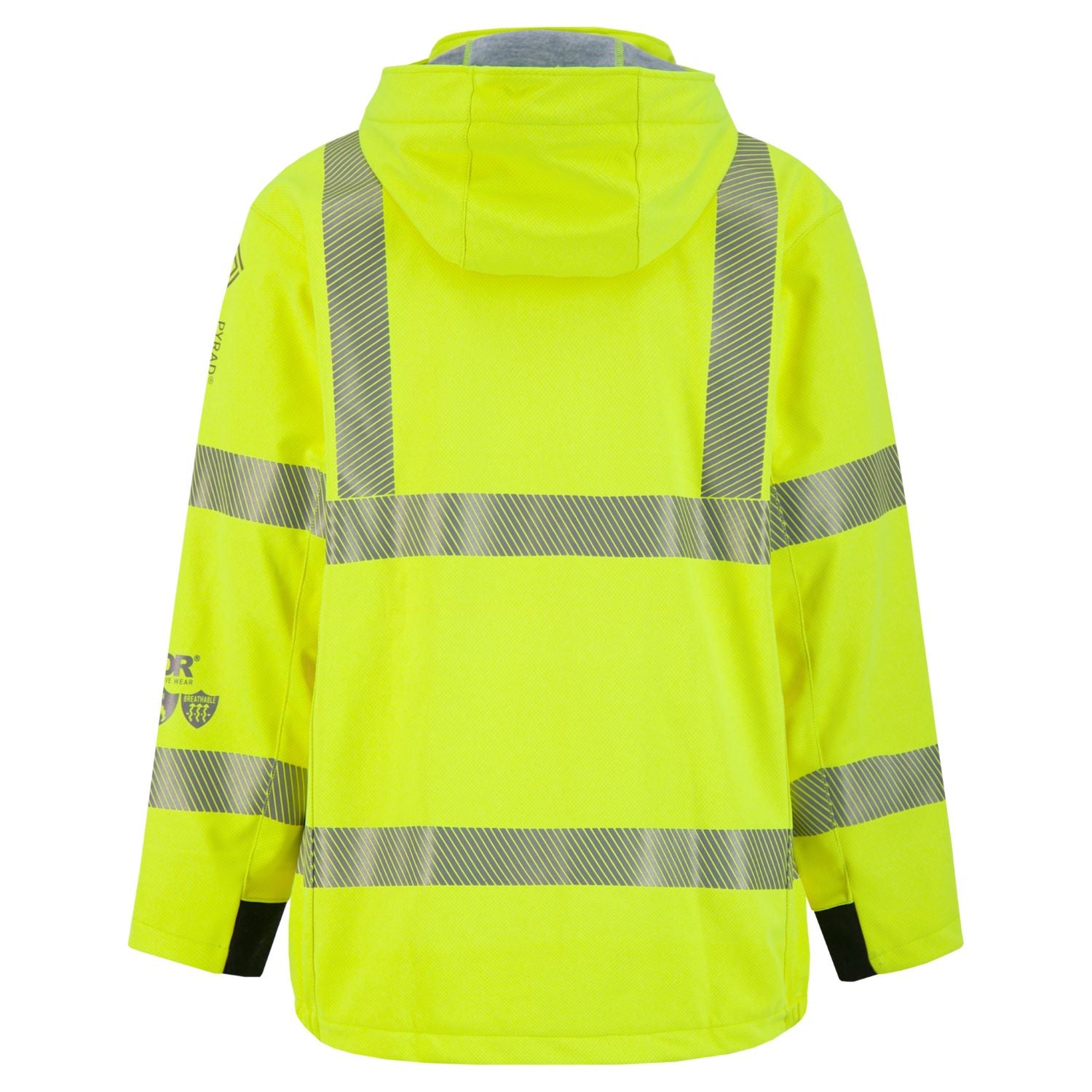 The Soft Shell Jacket, High-Visibility FR/ARC Rated, US Markings, 707J by Lac-Mac, Limited, made from Gore-Tex PYRAD fabric, showcases a bright yellow hue with reflective gray stripes and a hood, viewed from the back.