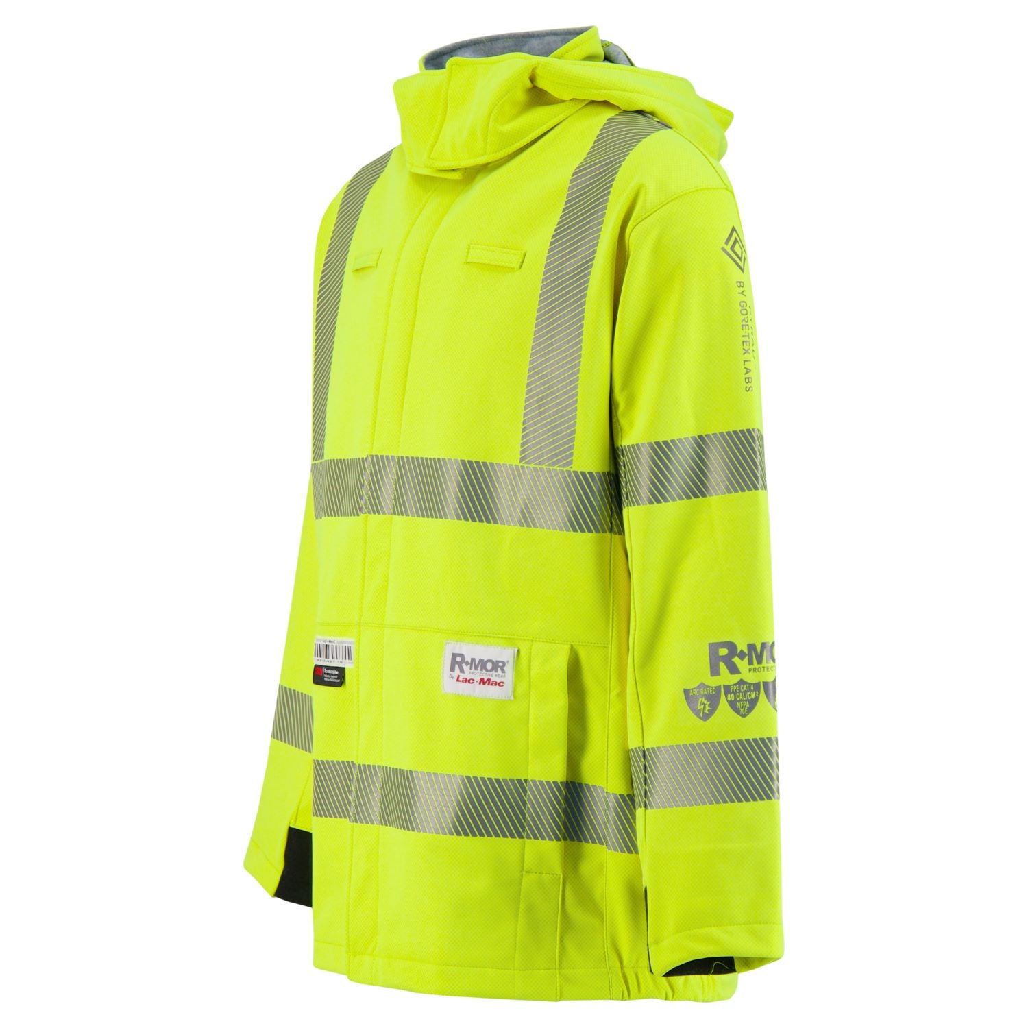 A bright yellow, high-visibility jacket with reflective strips on the sleeves, torso, and hood. The Lac-Mac, Limited Soft Shell Jacket, High-Visibility FR/ARC Rated, US Markings, 707J is crafted from Gore-Tex PYRAD fabric and includes logos and safety certifications on the arms and pockets.