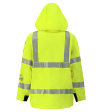 A high-visibility yellow jacket with reflective silver stripes and a hood, crafted from durable Gore-Tex PYRAD fabric, shown from the back.
Revised Sentence:
The Lac-Mac, Limited Soft Shell Jacket, High-Visibility FR/ARC Rated, US Markings, 707J with reflective silver stripes and a hood, crafted from durable Gore-Tex PYRAD fabric, shown from the back.