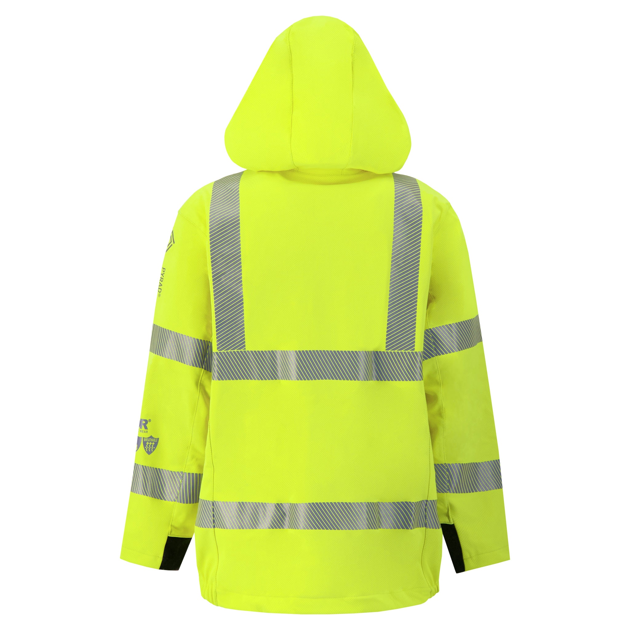 A high-visibility yellow jacket with reflective silver stripes and a hood, crafted from durable Gore-Tex PYRAD fabric, shown from the back.
Revised Sentence:
The Lac-Mac, Limited Soft Shell Jacket, High-Visibility FR/ARC Rated, US Markings, 707J with reflective silver stripes and a hood, crafted from durable Gore-Tex PYRAD fabric, shown from the back.