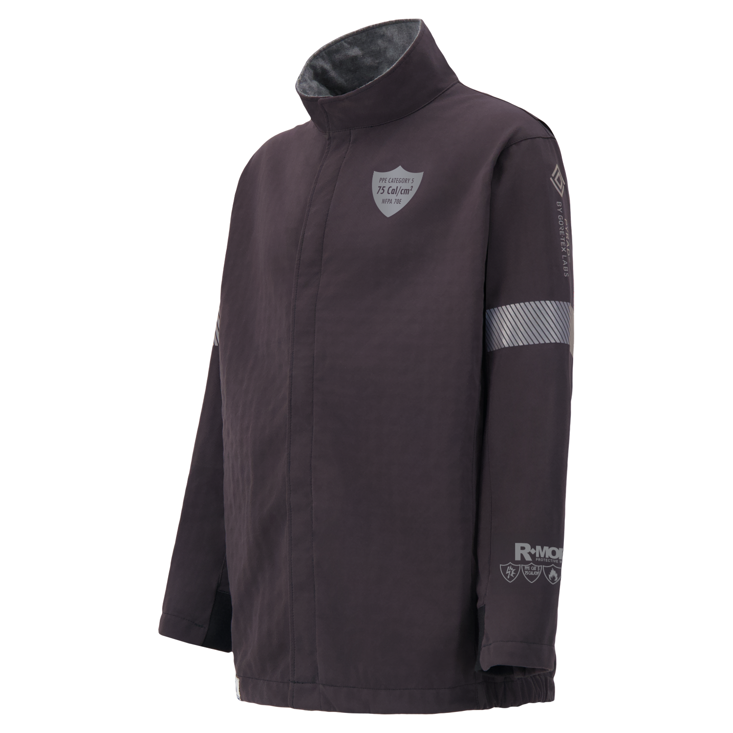 The Lac-Mac Switch Suit Jacket 707KA features a dark color, high collar, reflective patches on chest, arm, and sleeve, visible branding, and FR ARC-Flash Rated protection up to 75 Cal for NFPA 70E compliance.
