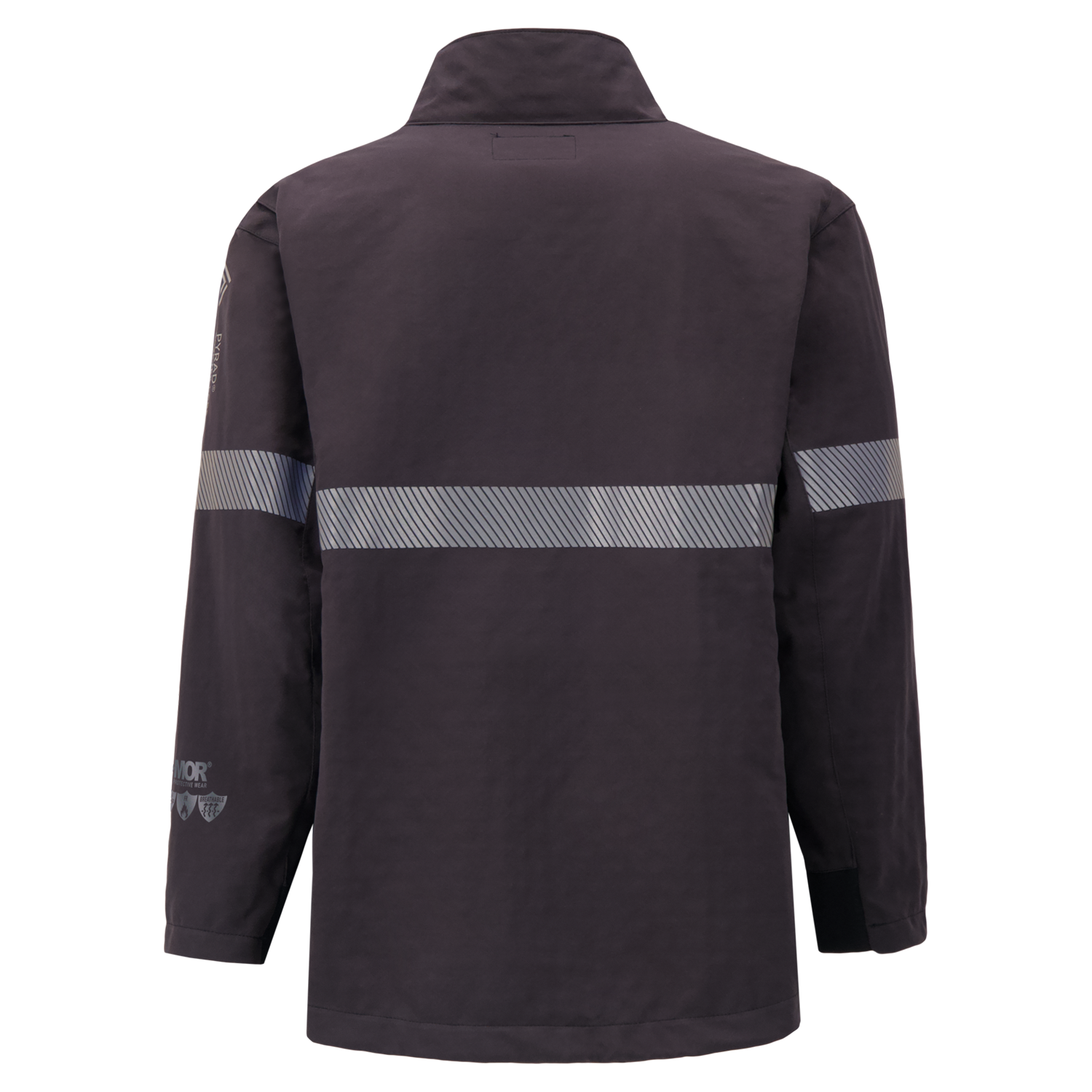Back view of a dark-colored jacket with reflective horizontal stripes on the upper back and sleeves, featuring PPE Category 4 and FR ARC-Flash Rated protection with a robust 40 Cal ARC Protection level. The product is the Switch Suit Jacket, 40 Cal. ARC Rated, 707K by Lac-Mac, Limited.