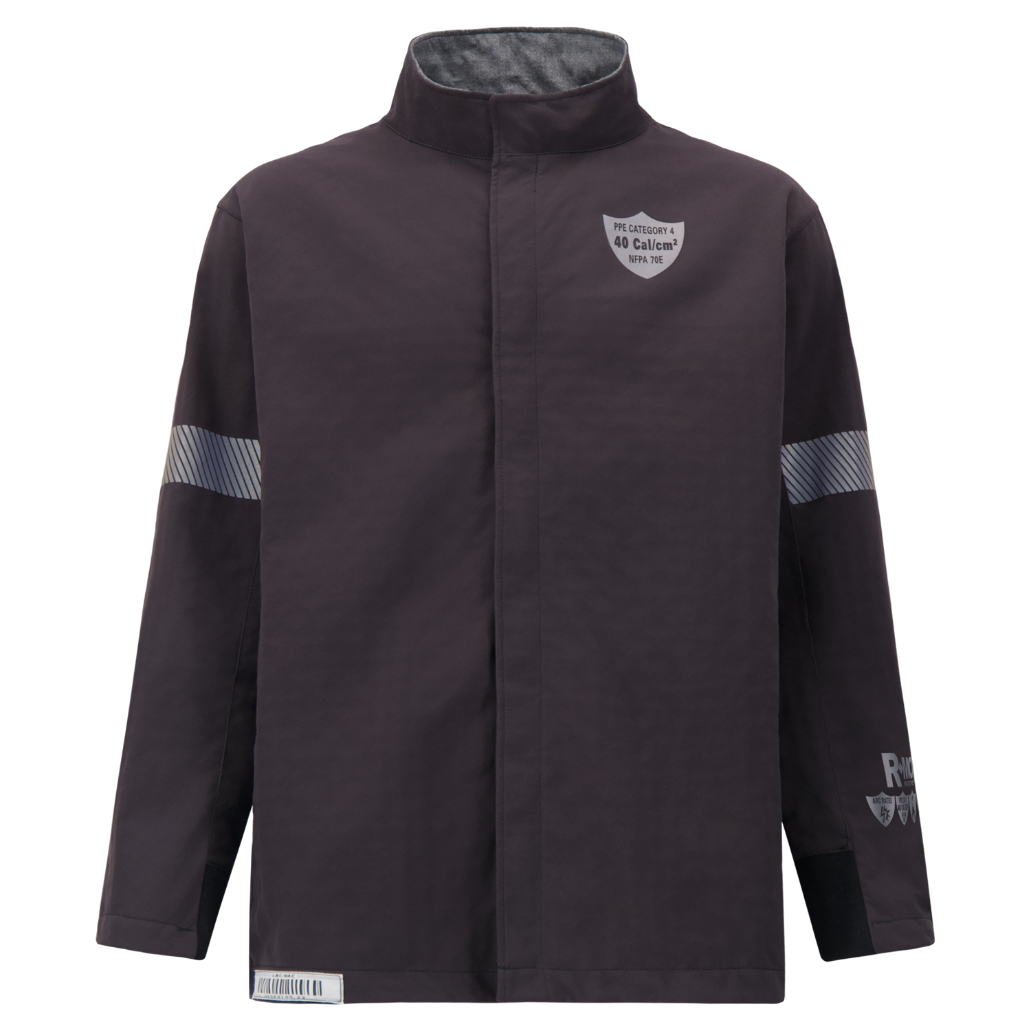 A dark brown jacket with a high collar, reflective stripes on the sleeves, and logos on the chest and sleeve. This Lac-Mac, Limited Switch Suit Jacket, 40 Cal. ARC Rated, 707K also provides 40 Cal ARC Protection and meets PPE Category 4 standards.