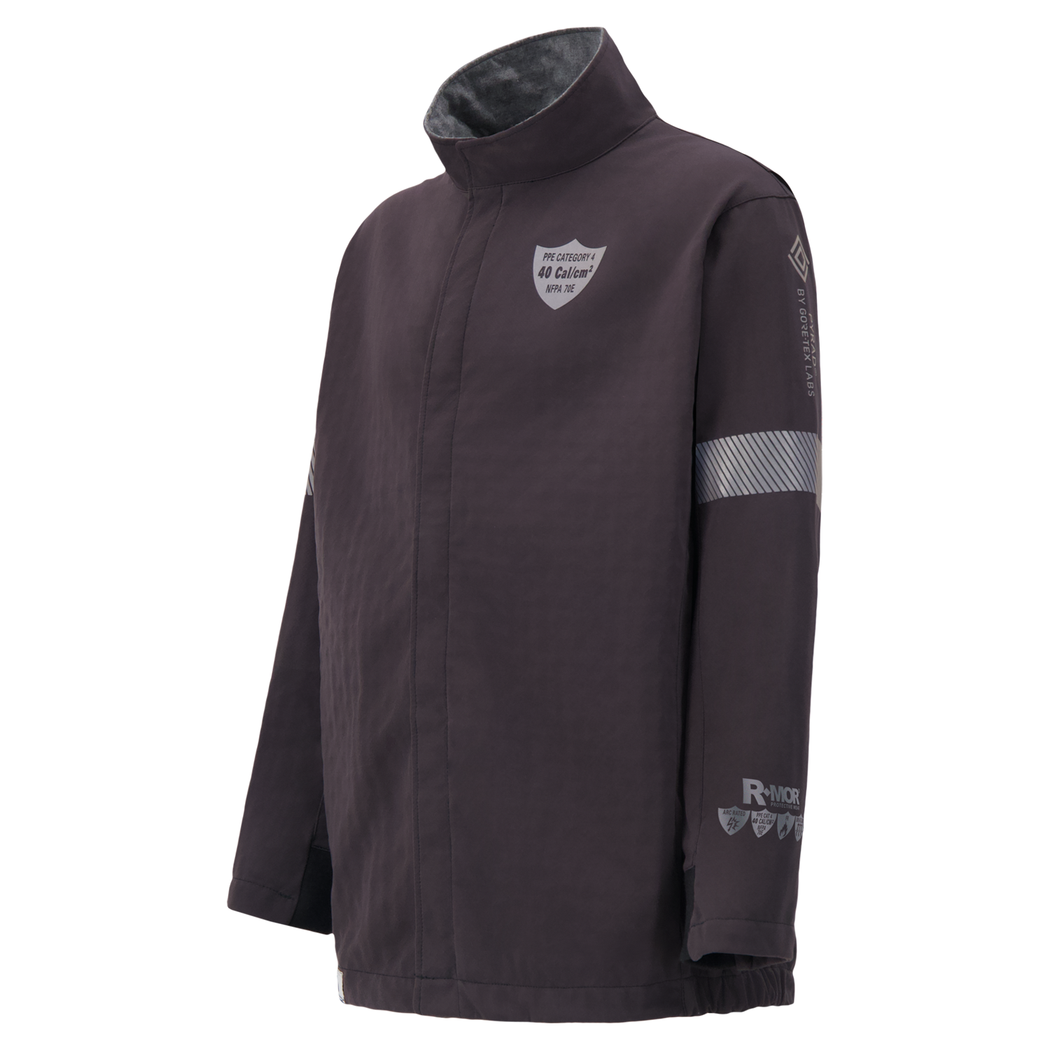 A dark purple Switch Suit Jacket, 40 Cal. ARC Rated, 707K with a high collar, featuring the Lac-Mac, Limited logo on the chest and sleeve, and a reflective stripe on the right arm, boasting 40 Cal ARC Protection for enhanced safety.