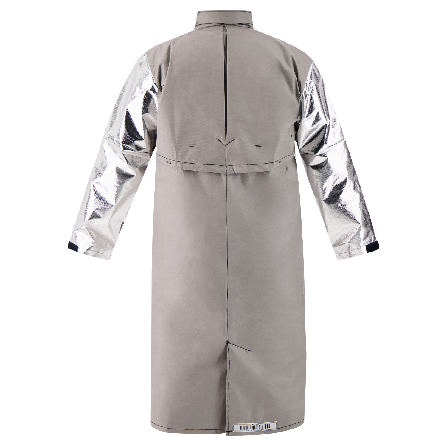 The Lac-Mac Aluminized Protective Duster Coat 707MAD features metallic silver long sleeves and a light gray body, made of molten and heat protective fabric, shown from the back.