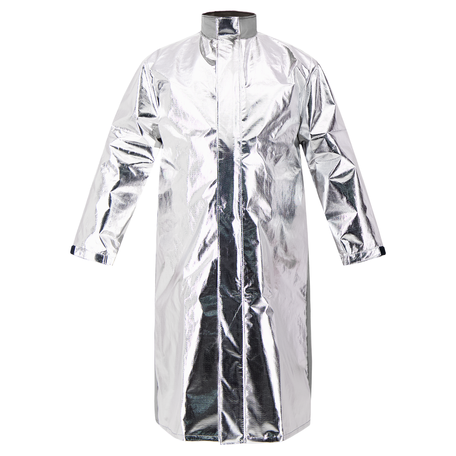 The Lac-Mac Aluminized Protective Duster Coat (707MAD) features full-length sleeves and a high collar, made for molten and heat protection in industrial settings. Shown in metallic silver on a plain white background; compliant with ASTM F955.