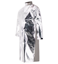 The Lac-Mac 707MAD Aluminized Protective Duster Coat features long sleeves, a high collar, and molten protective fabric for industrial or high-heat safety. Meets ASTM F955 standards.