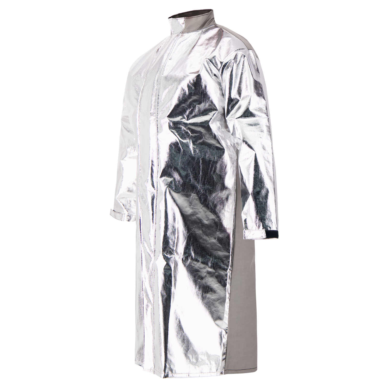 The Lac-Mac 707MAD Aluminized Protective Duster Coat features long sleeves, a high collar, and molten protective fabric for industrial or high-heat safety. Meets ASTM F955 standards.