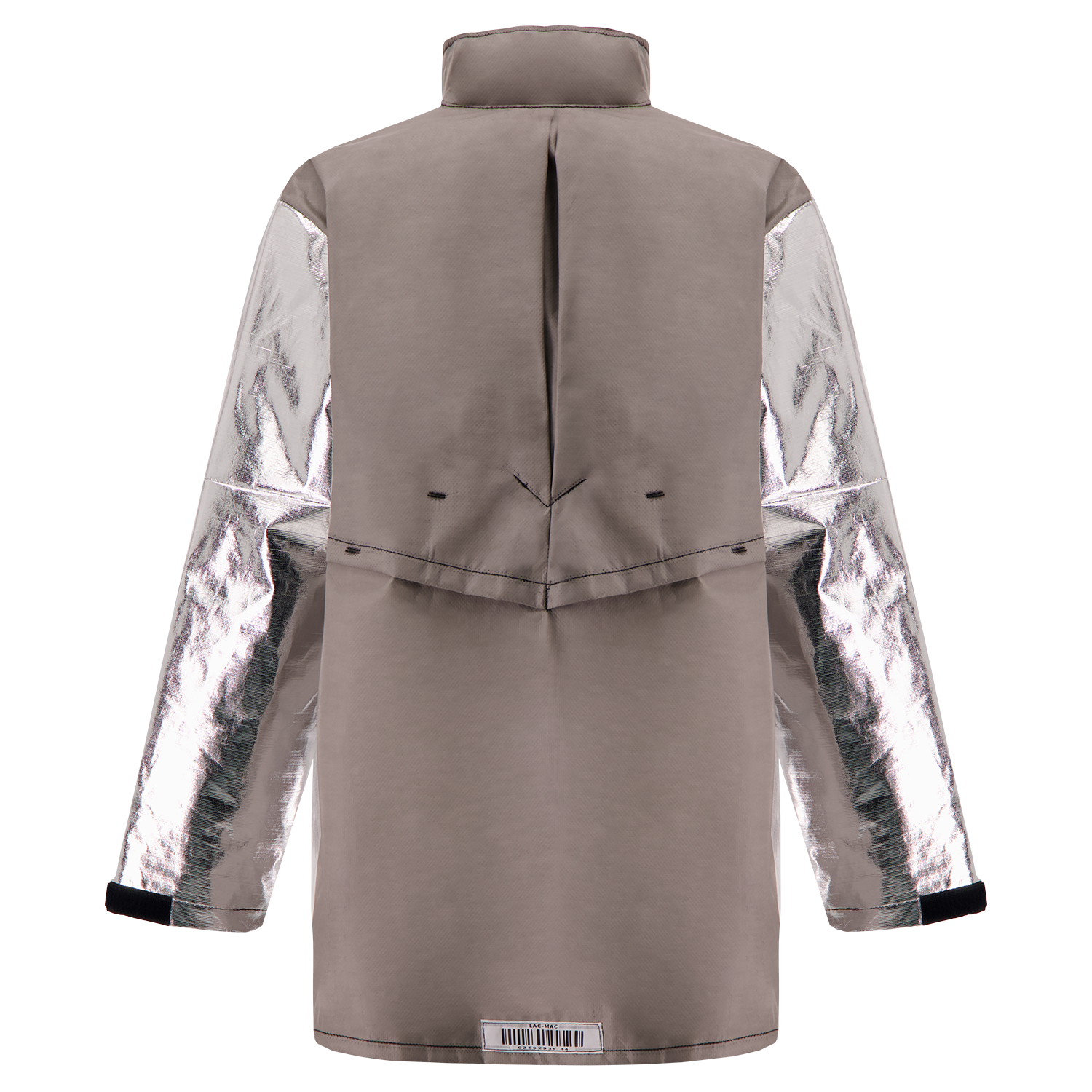 The Lac-Mac 707MA Aluminized Protective Jacket for molten splash features a taupe body, metallic silver sleeves, high collar, vented back yoke, and black cuffs. Displayed against a white background.