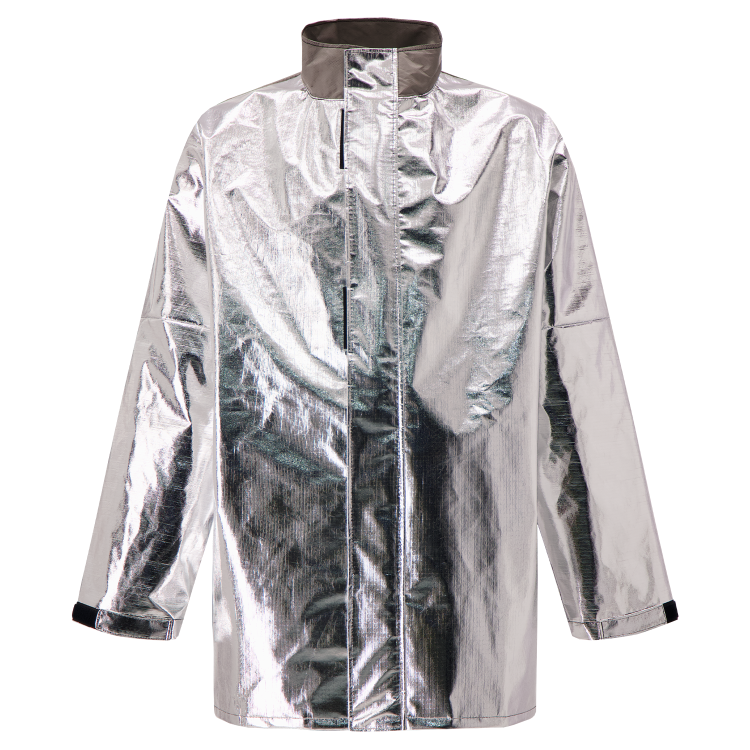 The Lac-Mac Limited Aluminized Protective Jacket 707MA is a long-sleeved, silver jacket with black-trimmed cuffs and high collar, made for molten splash protection. ASTM F955 compliant. Displayed on a plain white background.