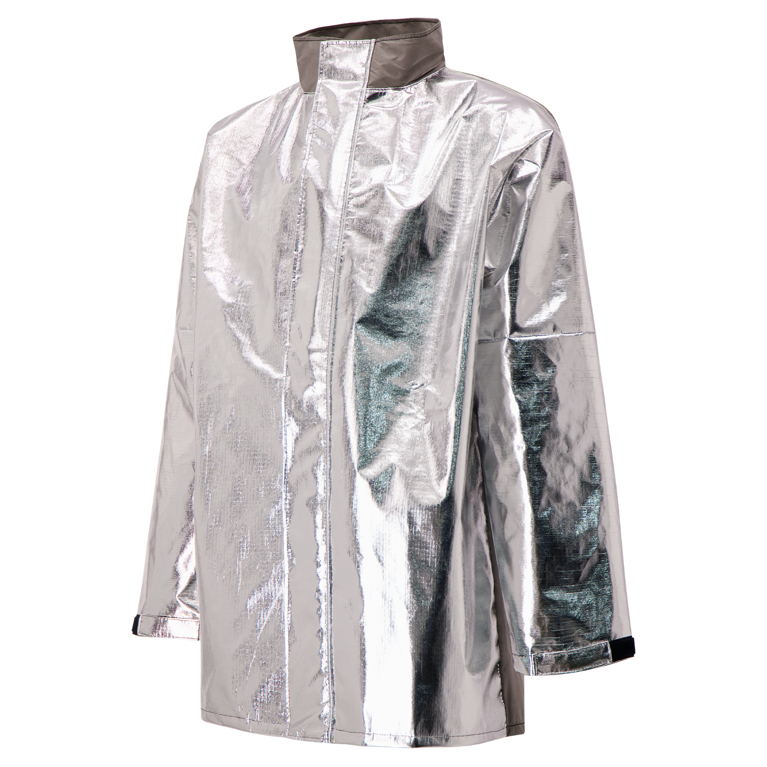 The Lac-Mac Aluminized Protective Jacket, 707MA, for molten splash, features long sleeves, a high collar, and front closure. Crafted from protective fabric with a silver metallic finish and shown on a plain background.