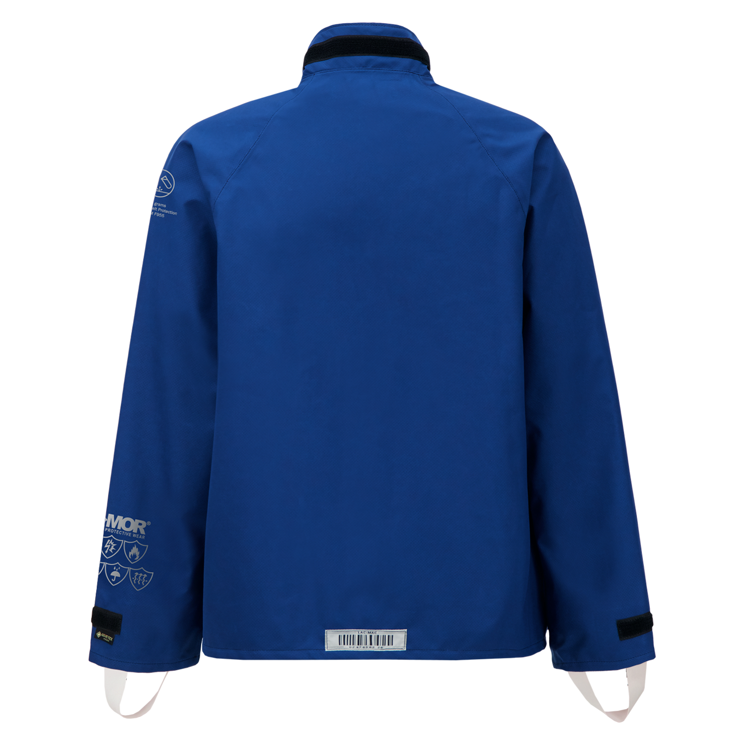 The Lac-Mac Multi-Haz Protective Jacket 707ZABA, shown from the back in blue, features double sleeves, a high collar, adjustable cuffs, and printed symbols. Made with durable GORE-TEX PYRAD for advanced protection against flammable liquid chemical hazards.