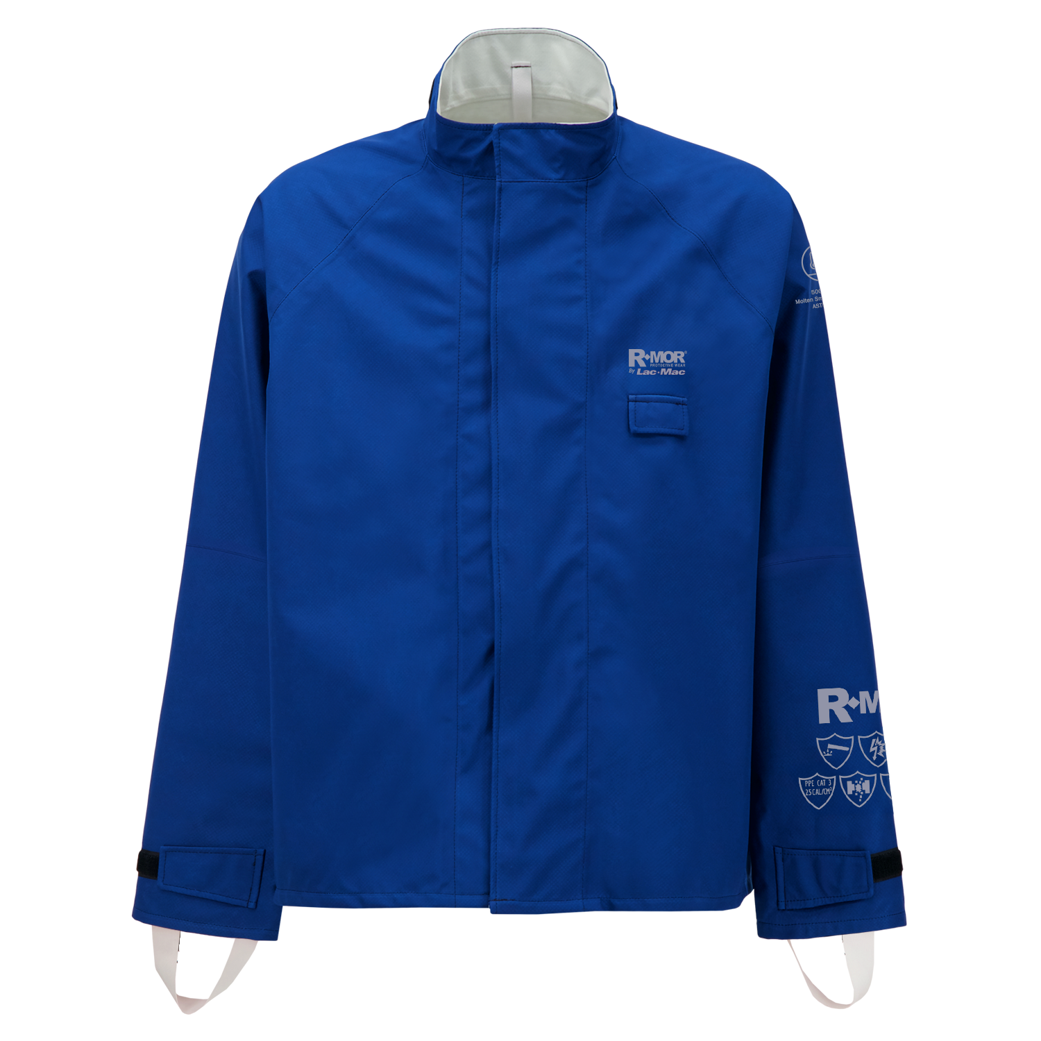 The Lac-Mac Multi-Haz Protective Jacket 707ZABA is a blue, double sleeve jacket for flammable liquid chemical hazards, featuring a high collar, front flap, and safety insignias; crafted with GORE-TEX PYRAD for advanced protection.