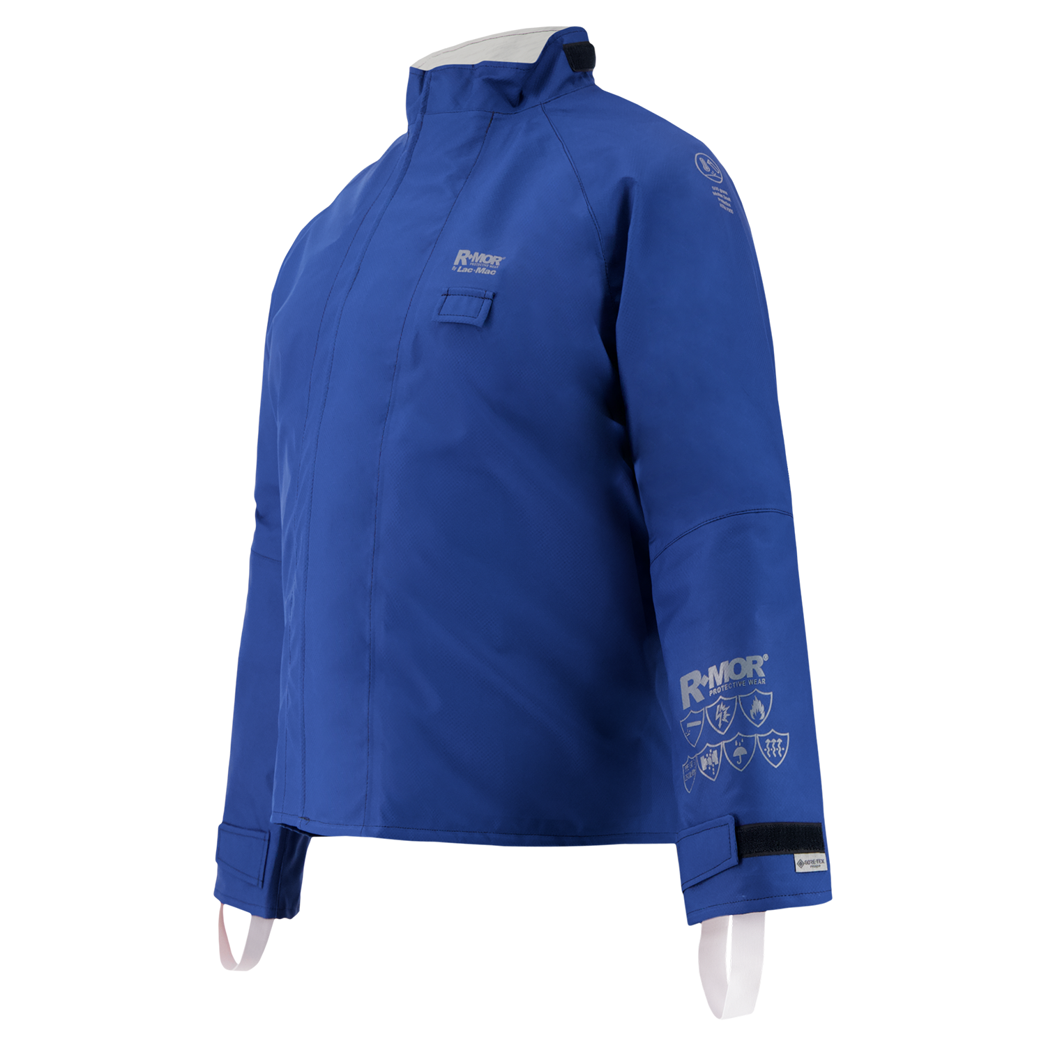 The Lac-Mac Multi-Haz Protective Jacket 707ZABA for flammable liquid chemical hazards features double sleeves, a high collar, chest pocket, Velcro cuffs, and GORE-TEX PYRAD technology, displayed on a mannequin.
