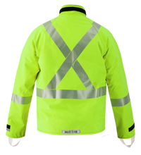 The Lac-Mac Multi-Haz Protective Jacket (707ZABB) features double sleeves, adjustable cuffs, high-visibility yellow fabric with reflective X and stripe on the back, and is flame resistant for flammable liquid chemical hazards; shown on white background.