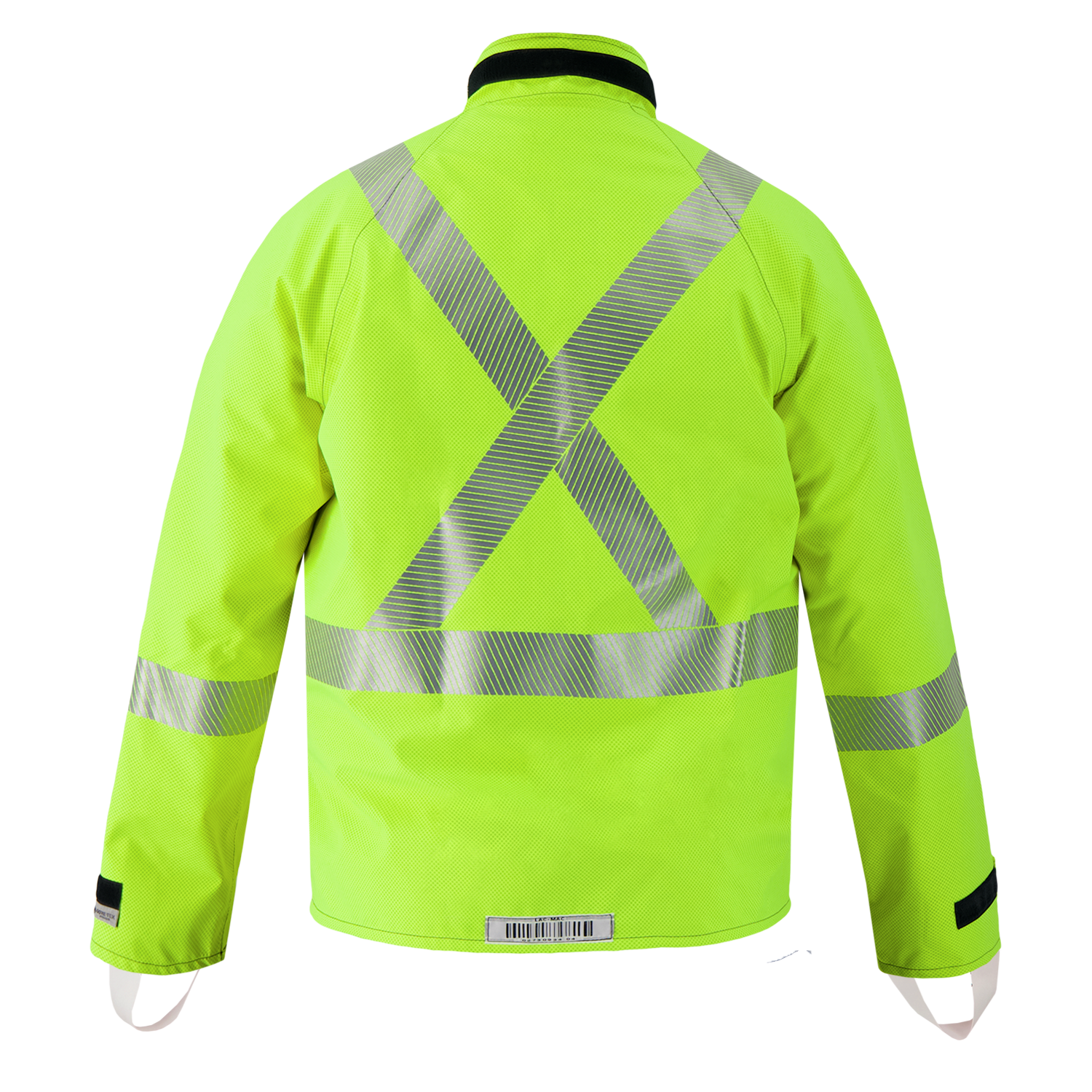 The Lac-Mac Multi-Haz Protective Jacket (707ZABB) features double sleeves, adjustable cuffs, high-visibility yellow fabric with reflective X and stripe on the back, and is flame resistant for flammable liquid chemical hazards; shown on white background.