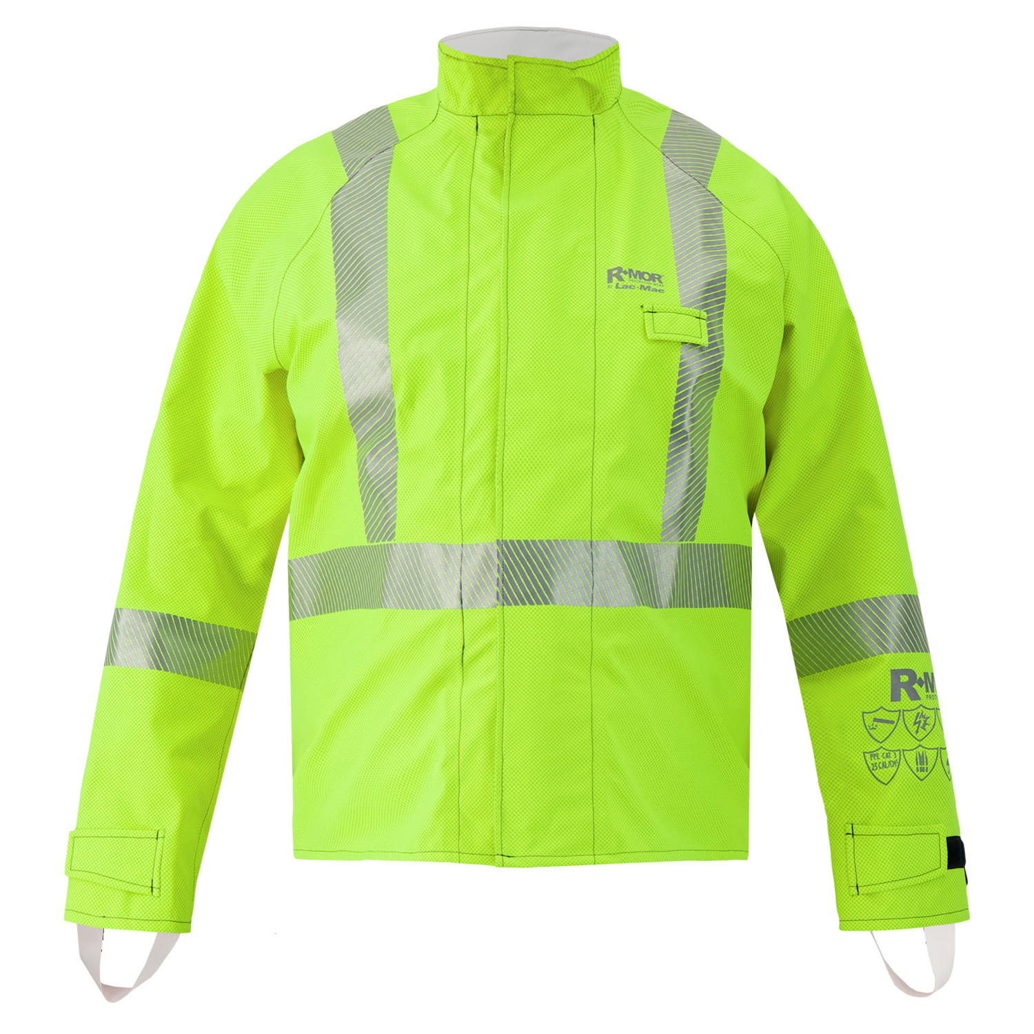 The Lac-Mac Multi-Haz Protective Jacket 707ZABB features double sleeves, a high-visibility neon yellow design with reflective stripes, stand-up collar, Velcro cuffs, and durable GORE-TEX PYRAD material for flammable liquid chemical hazard protection.