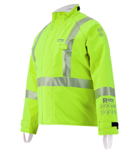 The Lac-Mac Multi-Haz Protective Jacket 707ZABB features double sleeves, flame-resistant fabric for flammable liquid chemical hazards, reflective silver stripes, long sleeves, and Velcro cuffs, shown on a plain background.
