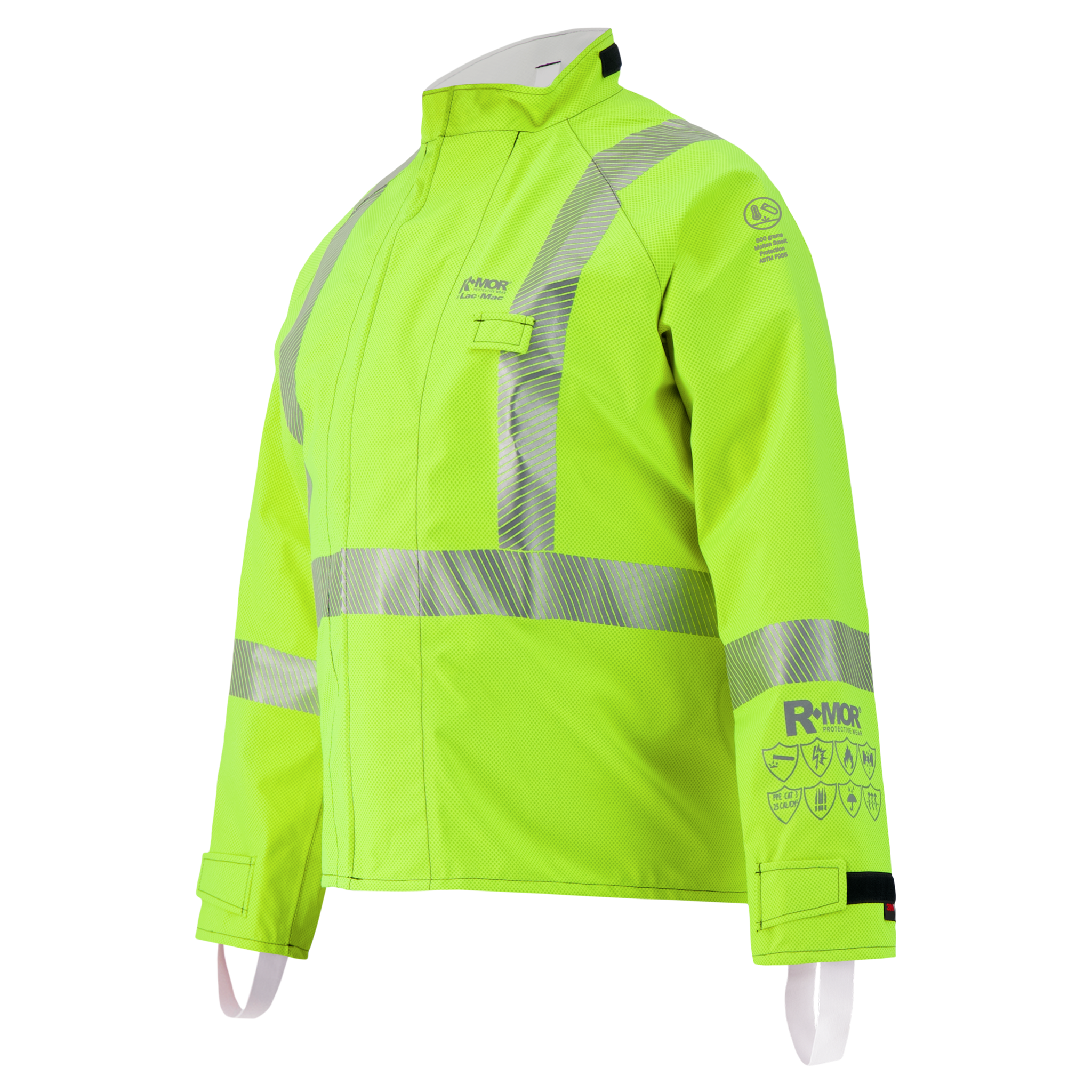 The Lac-Mac Multi-Haz Protective Jacket 707ZABB features double sleeves, flame-resistant fabric for flammable liquid chemical hazards, reflective silver stripes, long sleeves, and Velcro cuffs, shown on a plain background.