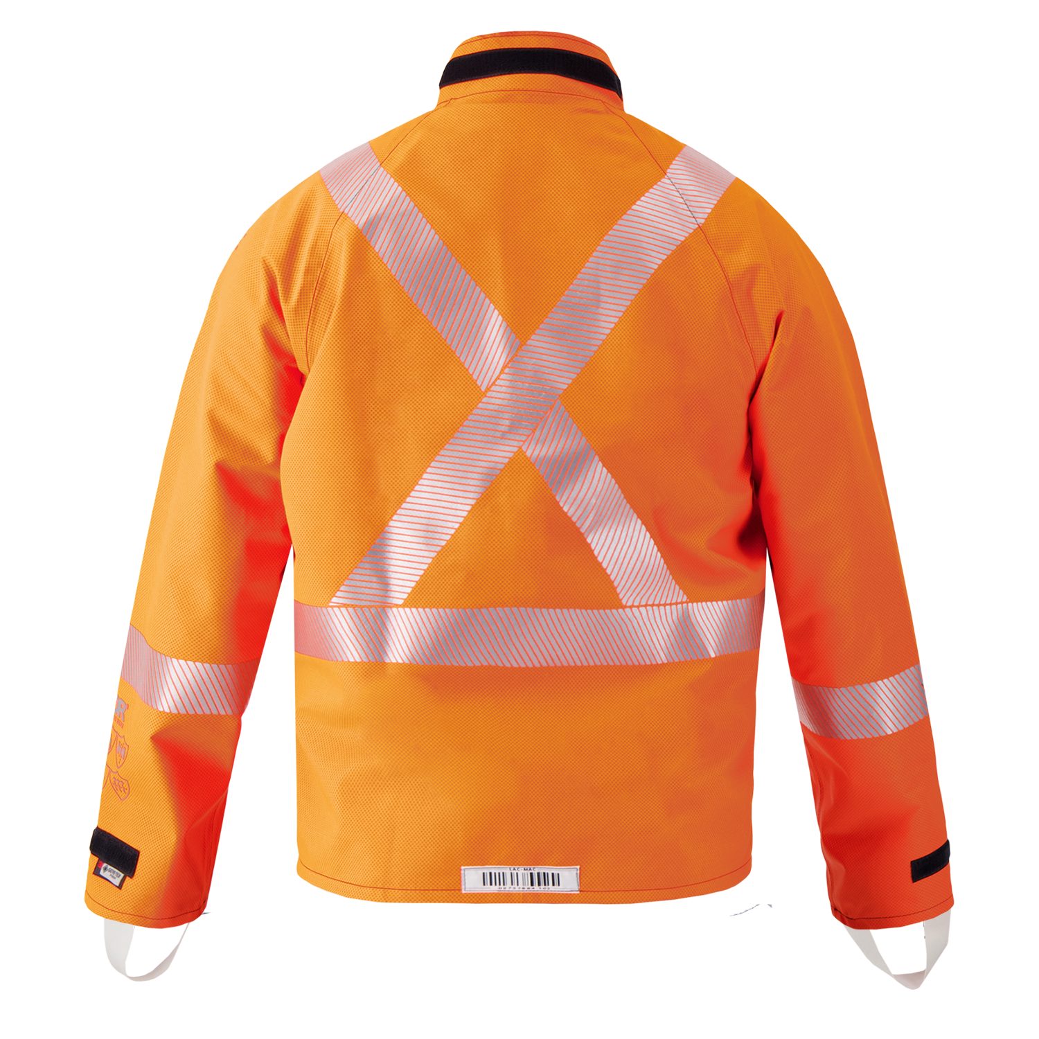 The Lac-Mac Multi-Haz Protective Jacket, model 707ZABB, features double sleeves for flammable liquid chemical hazards and high-visibility orange fabric with reflective silver X-shaped stripes on the back, shown against a plain white background.