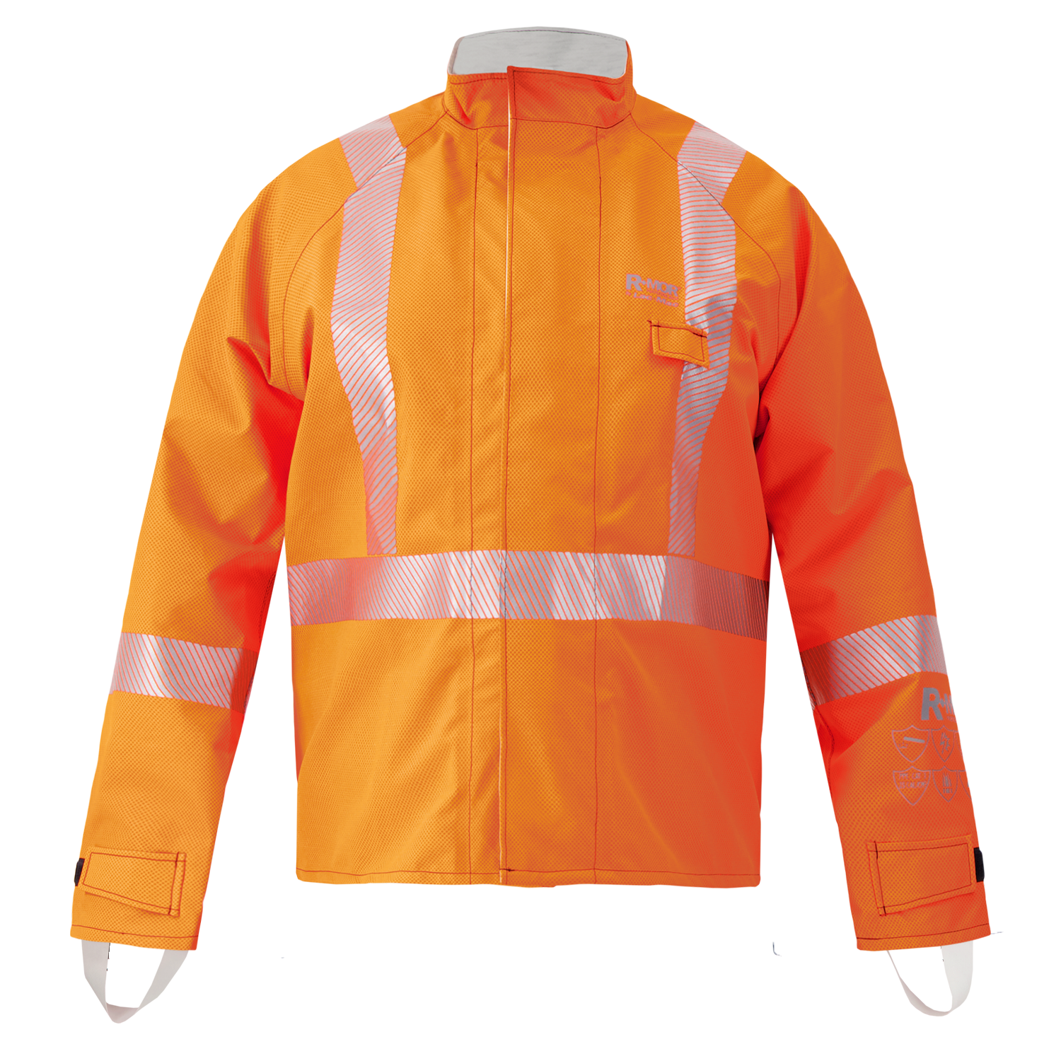 The Lac-Mac Multi-Haz Protective Jacket, 707ZABB, double-sleeved for flammable liquid chemical hazards, features high-visibility orange fabric and reflective silver stripes on the chest, arms, and shoulders, shown against a plain white background.