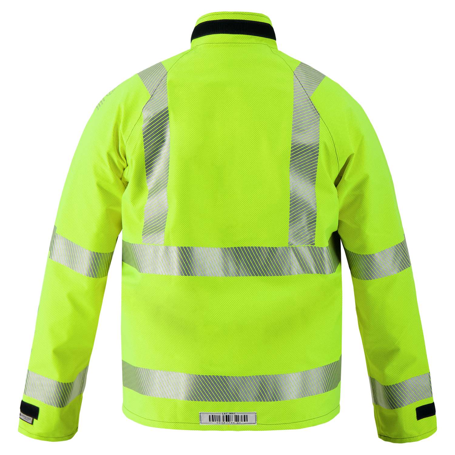 The Lac-Mac, Limited Multi-Haz Protective Jacket 707ZABH, designed for flammable liquid chemical hazards, is shown from the back in high-visibility yellow with reflective silver stripes.