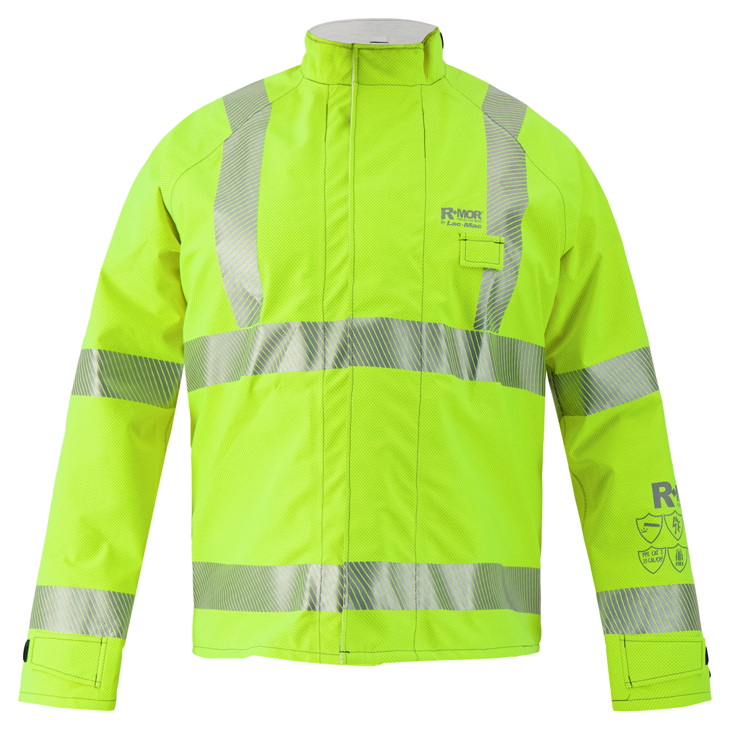 A front view of a neon yellow Lac-Mac Multi-Haz Protective Jacket 707ZABH for flammable liquid chemical hazards, featuring reflective silver stripes, a small front pocket, and enhanced safety properties.