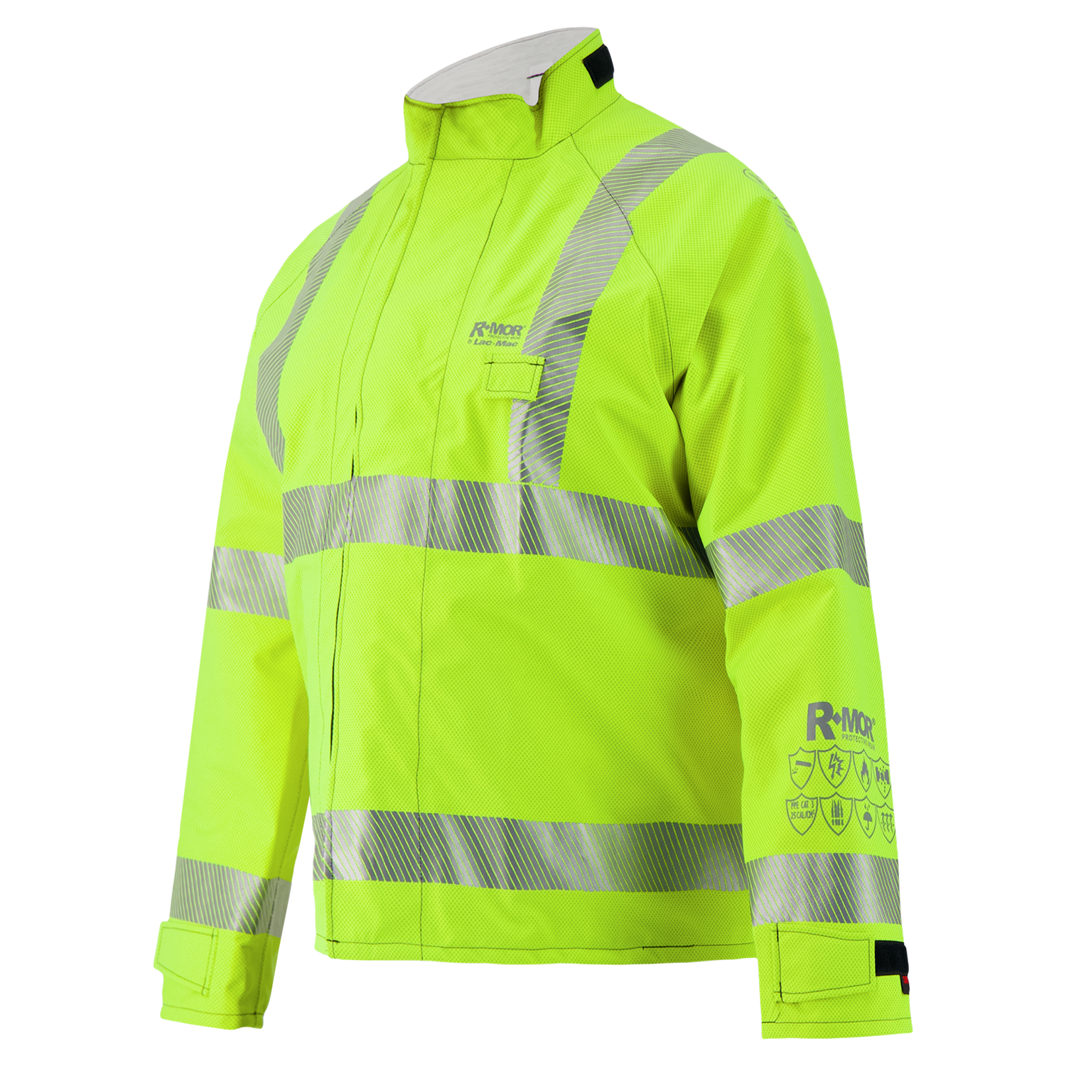 The Lac-Mac Multi-Haz Protective Jacket, model 707ZABH, offers high-visibility yellow color with reflective stripes and protects against flammable liquid chemical hazards. Features a stand-up collar and protective symbols on the left sleeve.