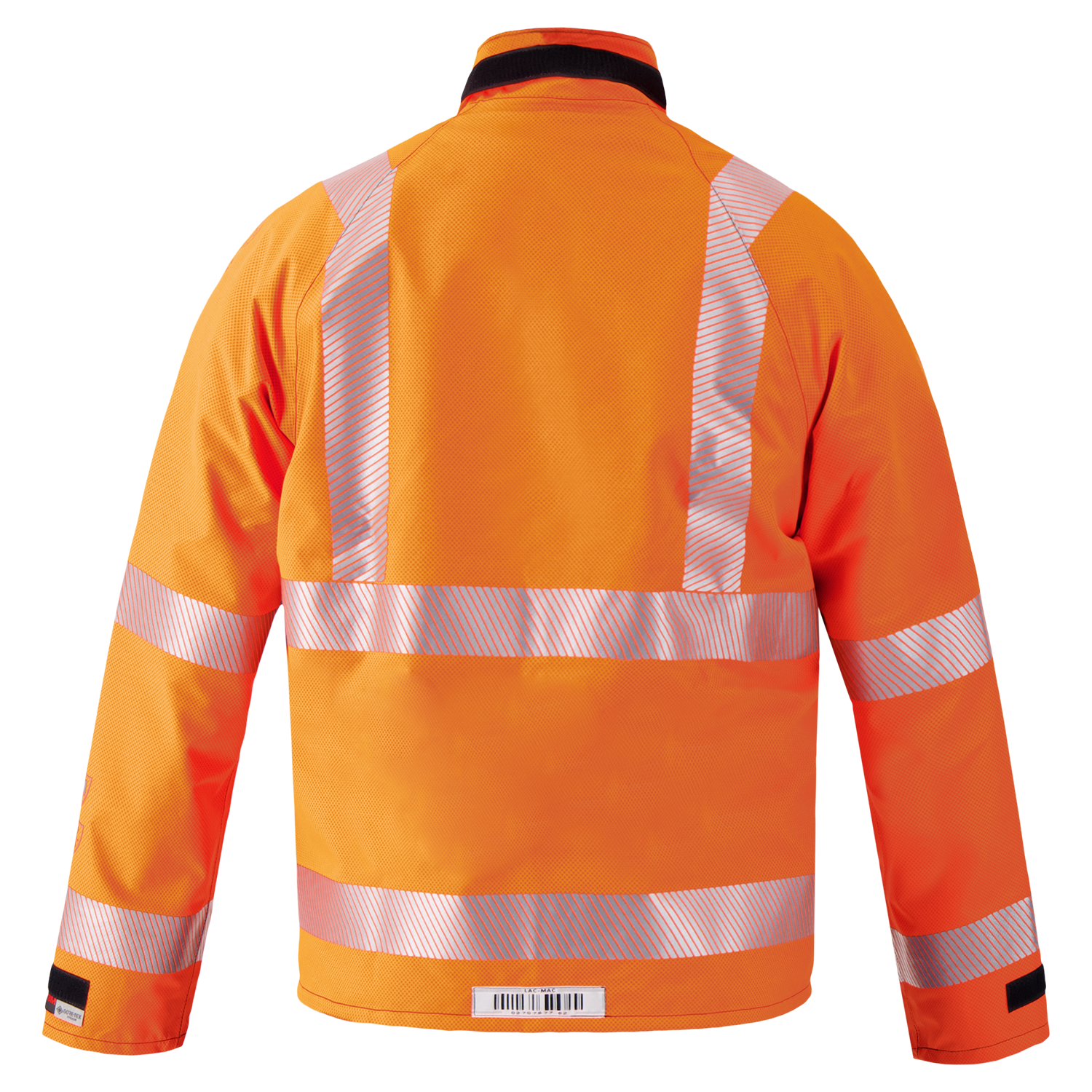 Back view of Lac-Mac Multi-Haz Protective Jacket (707ZABH) for flammable liquid chemical hazards, featuring reflective silver stripes and made from flame resistant GORE-TEX PYRAD fabric.